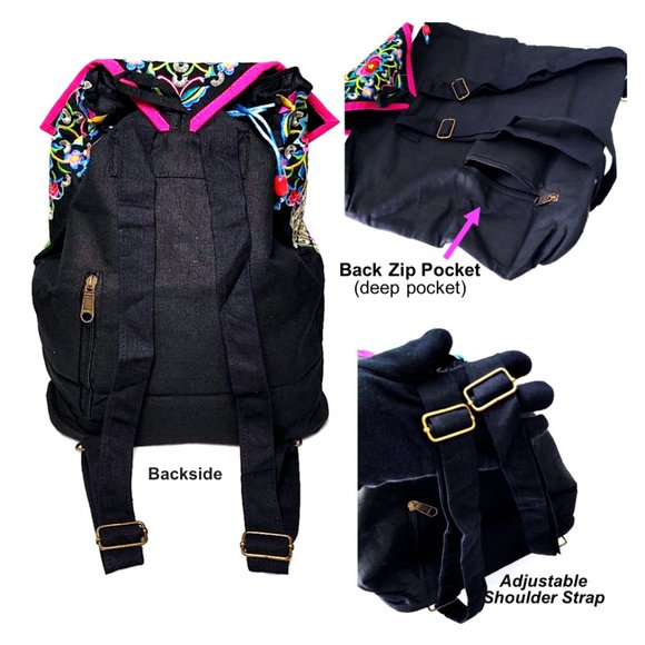 Embroidery Black Backpack Red Blue Boho Geometric Shapes FloralBird Shoulder Bag - Picture 5 of 12